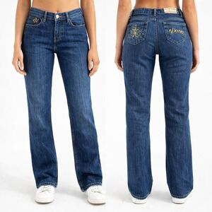 Dereon Y2K Women Blue Jeans Size 13 14 Fleur-de-lis Design Gold Bling Distressed